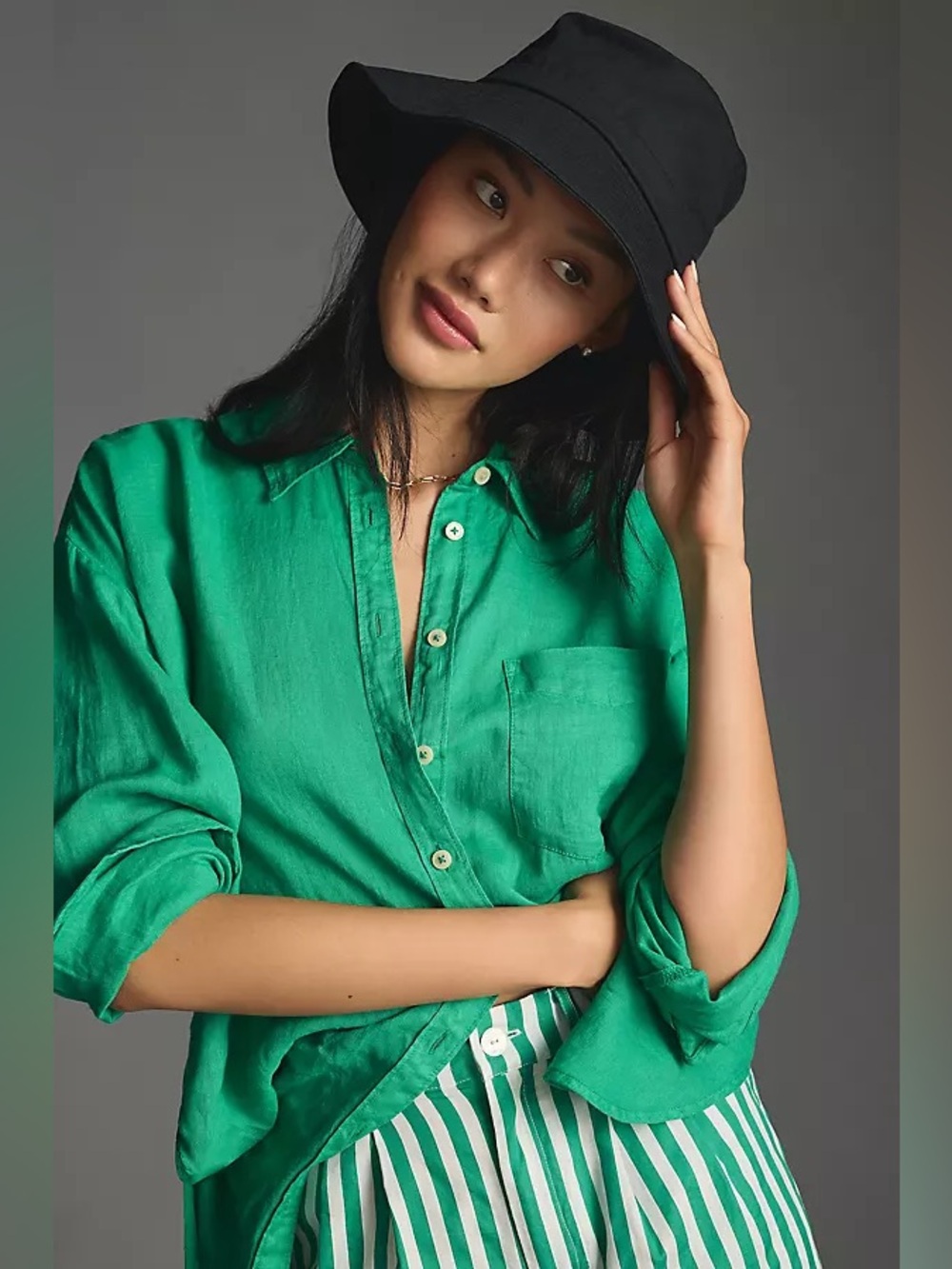 Maeve Anthropologie Linen Boyfriend Long Sleeve Shirt Green Size S